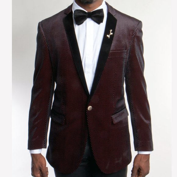 Dotten Burgundy Mens Jacket w/ Velvet Notch Lapel